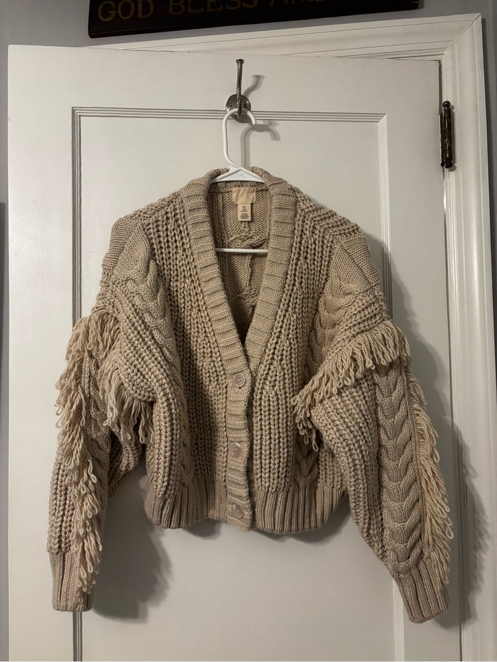 H&M Beige Chunky Cable Knit Fringe Button-Front Cardigan